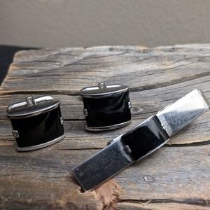 Vintage Silver & Onyx La Mode Cufflinks & Tie Bar